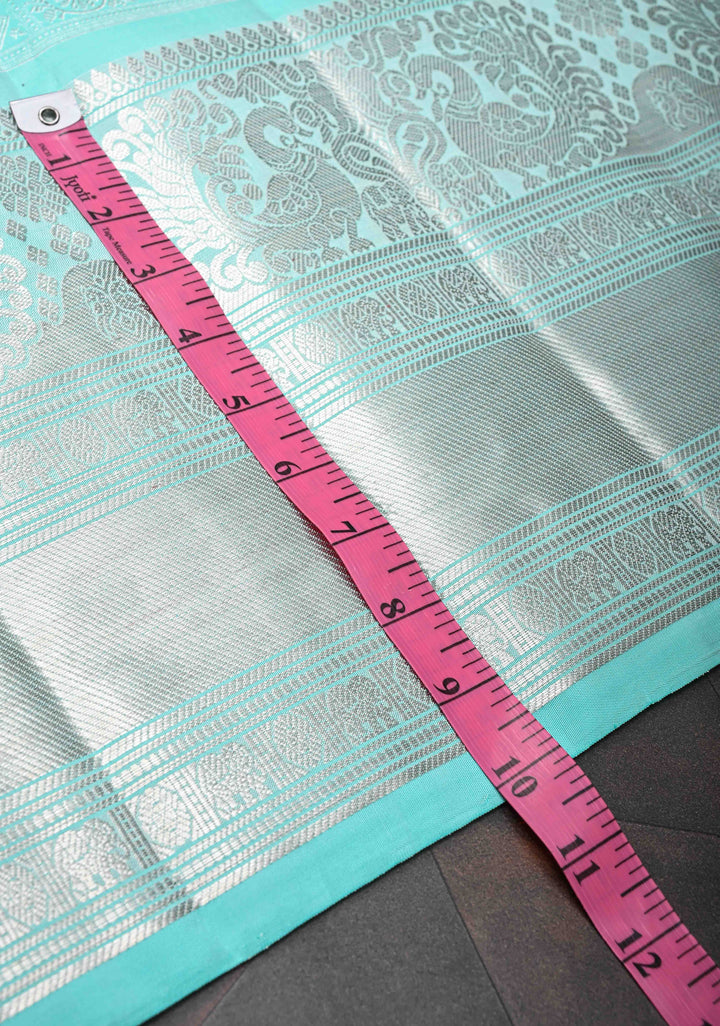 Cyan Brocade Gadwal Silk saree with Patola designs and wide zari border | SILK MARK CERTIFIED