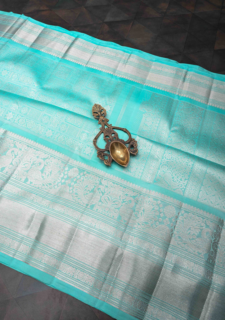 Cyan Brocade Gadwal Silk saree with Patola designs and wide zari border | SILK MARK CERTIFIED