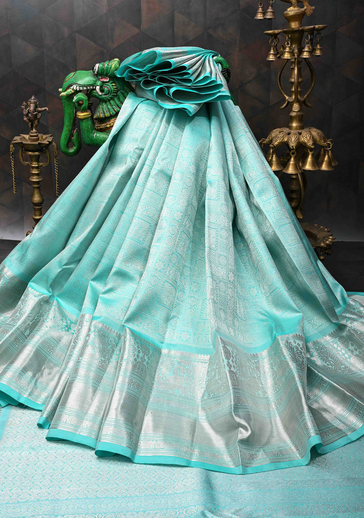 Cyan Brocade Gadwal Silk saree with Patola designs and wide zari border | SILK MARK CERTIFIED