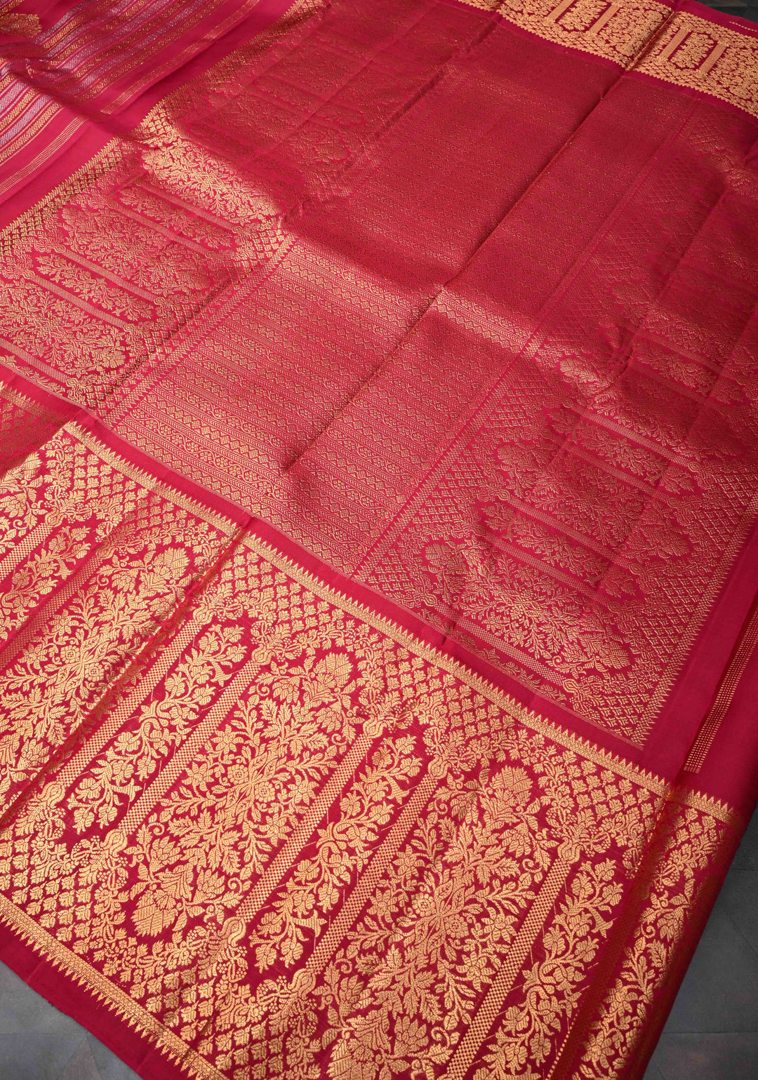 Reddish Pink Pure Gadwal Silk Saree with Ornate Panel Stripes, Zari Buttas and Wide Zari Border | SILK MARK CERTIFIED