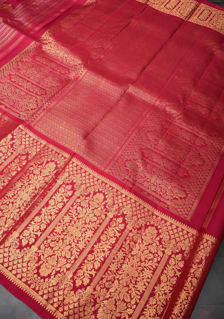 Reddish Pink Pure Gadwal Silk Saree with Ornate Panel Stripes, Zari Buttas and Wide Zari Border | SILK MARK CERTIFIED