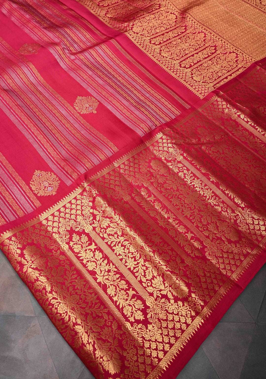Reddish Pink Pure Gadwal Silk Saree with Ornate Panel Stripes, Zari Buttas and Wide Zari Border | SILK MARK CERTIFIED