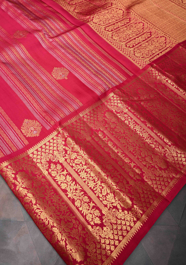 Reddish Pink Pure Gadwal Silk Saree with Ornate Panel Stripes, Zari Buttas and Wide Zari Border | SILK MARK CERTIFIED