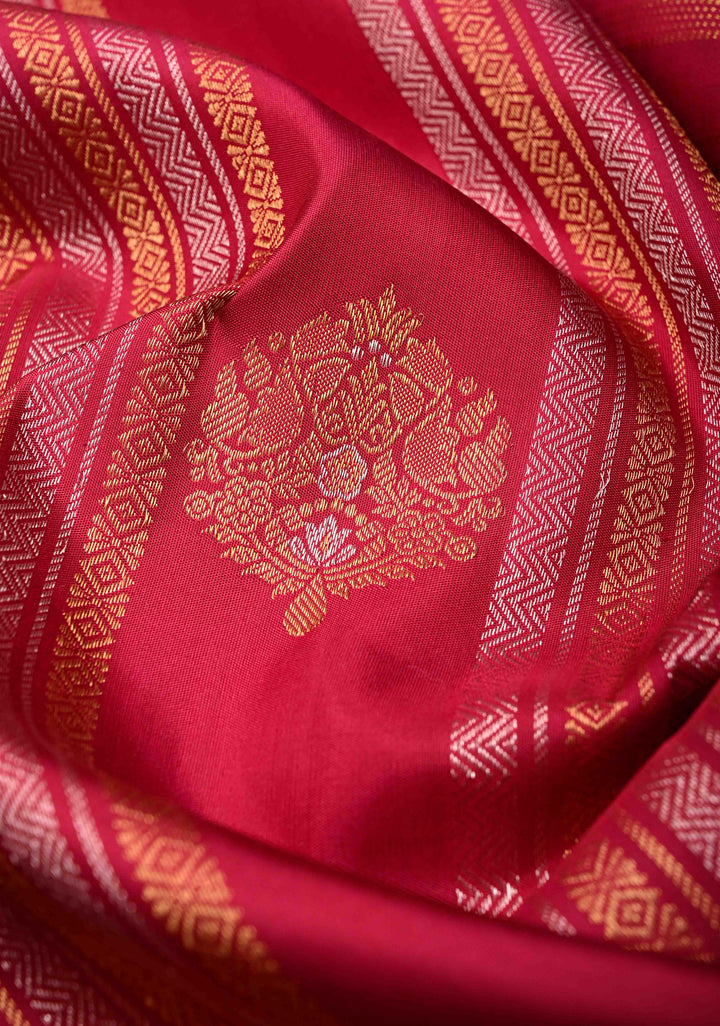 Reddish Pink Pure Gadwal Silk Saree with Ornate Panel Stripes, Zari Buttas and Wide Zari Border | SILK MARK CERTIFIED