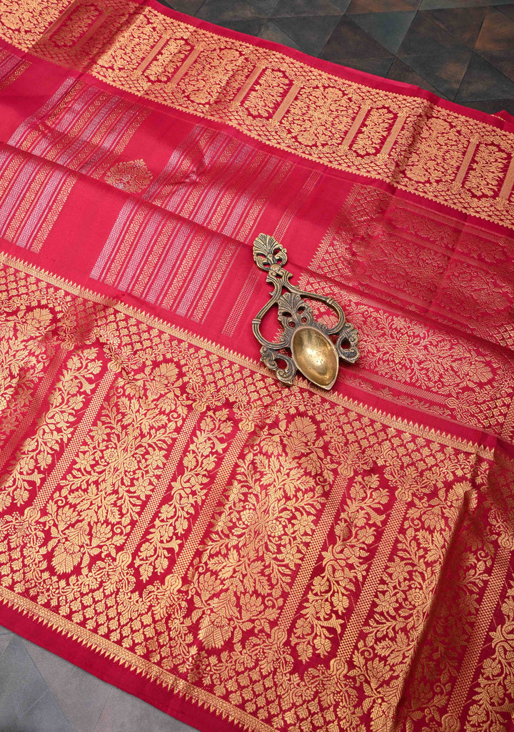 Reddish Pink Pure Gadwal Silk Saree with Ornate Panel Stripes, Zari Buttas and Wide Zari Border | SILK MARK CERTIFIED