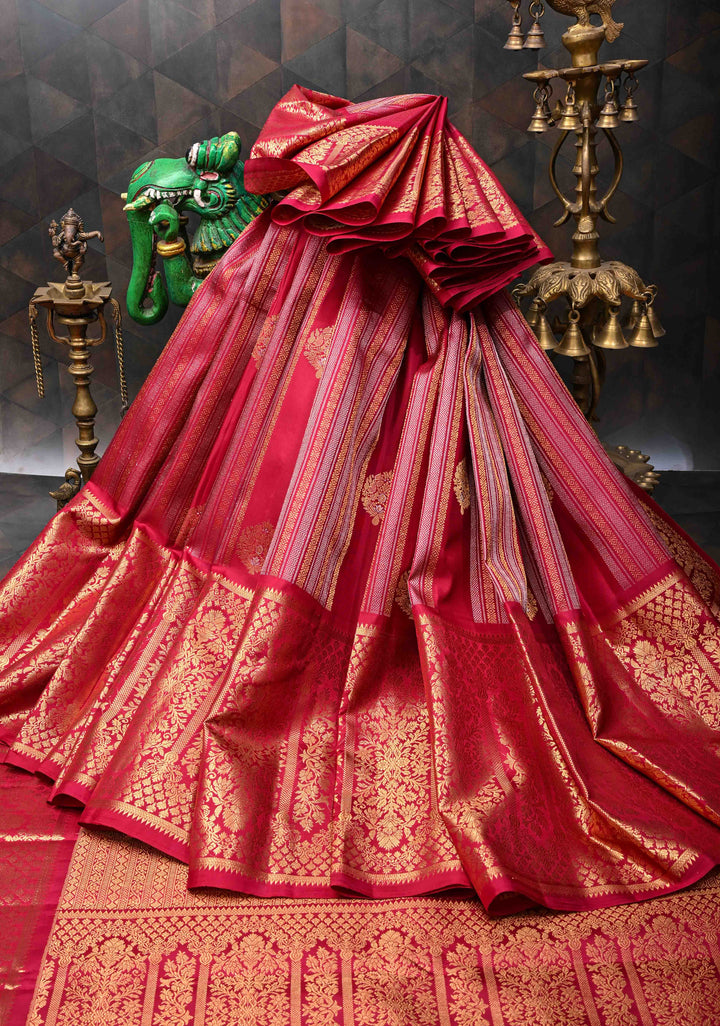 Reddish Pink Pure Gadwal Silk Saree with Ornate Panel Stripes, Zari Buttas and Wide Zari Border | SILK MARK CERTIFIED