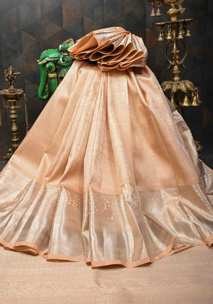Light Peach Gadwal Silk Saree with Zari Brocade And Annapakshi Wide Zari border | SILK MARK CERTIFIED