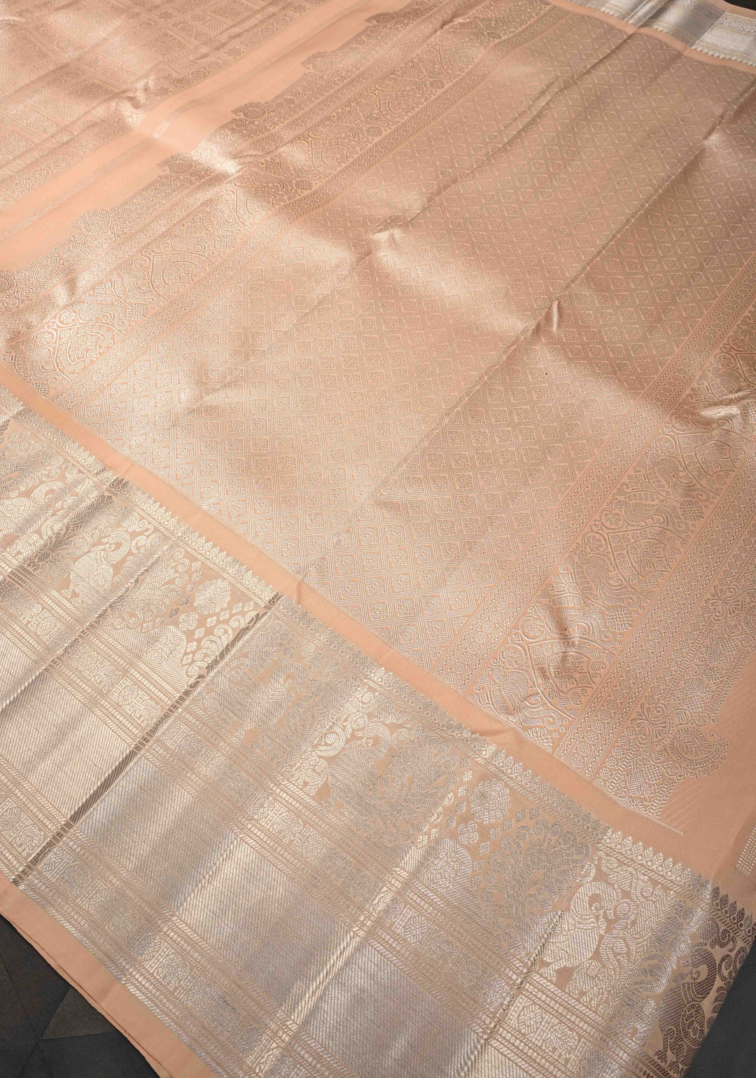 Light Peach Gadwal Silk Saree with Zari Brocade And Annapakshi Wide Zari border | SILK MARK CERTIFIED