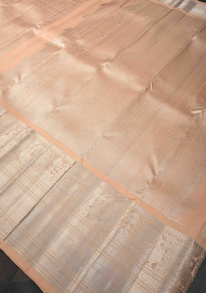 Light Peach Gadwal Silk Saree with Zari Brocade And Annapakshi Wide Zari border | SILK MARK CERTIFIED
