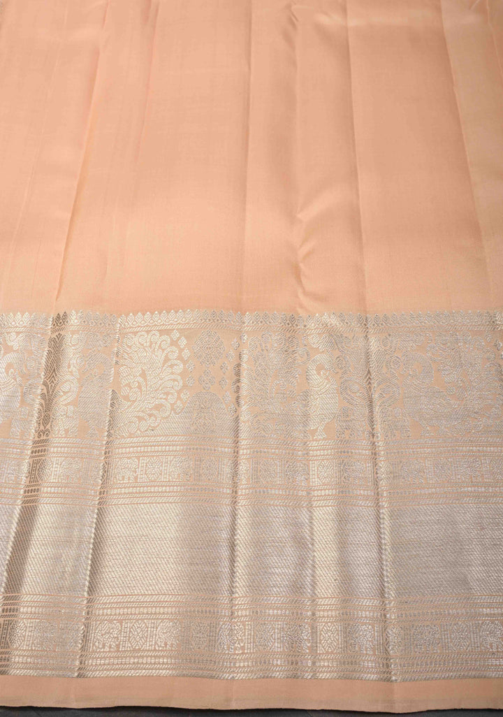 Light Peach Gadwal Silk Saree with Zari Brocade And Annapakshi Wide Zari border | SILK MARK CERTIFIED