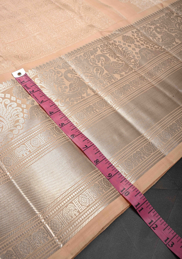 Light Peach Gadwal Silk Saree with Zari Brocade And Annapakshi Wide Zari border | SILK MARK CERTIFIED