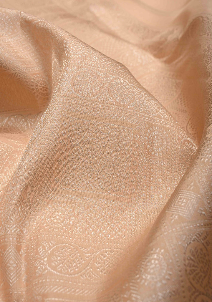 Light Peach Gadwal Silk Saree with Zari Brocade And Annapakshi Wide Zari border | SILK MARK CERTIFIED
