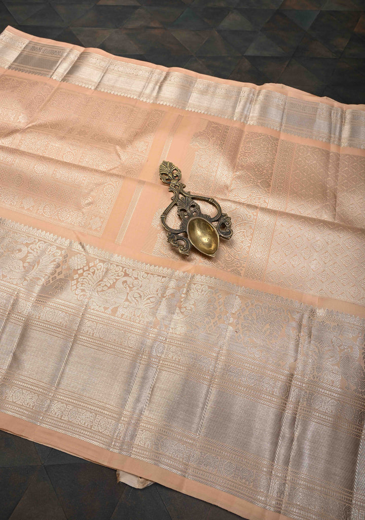 Light Peach Gadwal Silk Saree with Zari Brocade And Annapakshi Wide Zari border | SILK MARK CERTIFIED