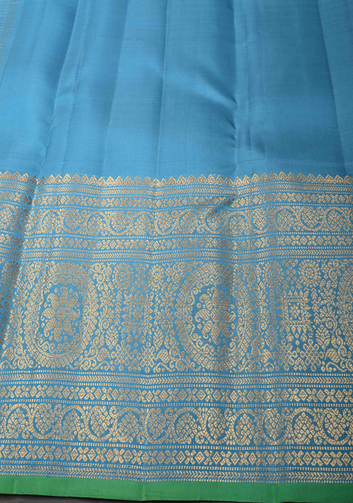 Chlorine Blue Gadwal Silk Saree With Horizontal Zari Stripes, Zari Buttas And Wide Floral Zari Border | SILK MARK CERTIFIED
