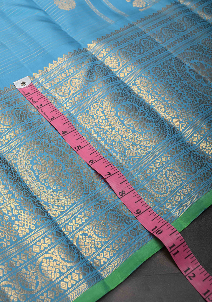 Chlorine Blue Gadwal Silk Saree With Horizontal Zari Stripes, Zari Buttas And Wide Floral Zari Border | SILK MARK CERTIFIED