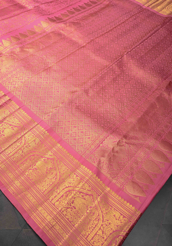 Rose Pink Gadwal Silk Saree with Floral Zari Brocade And Zari border | SILK MARK CERTIFIED