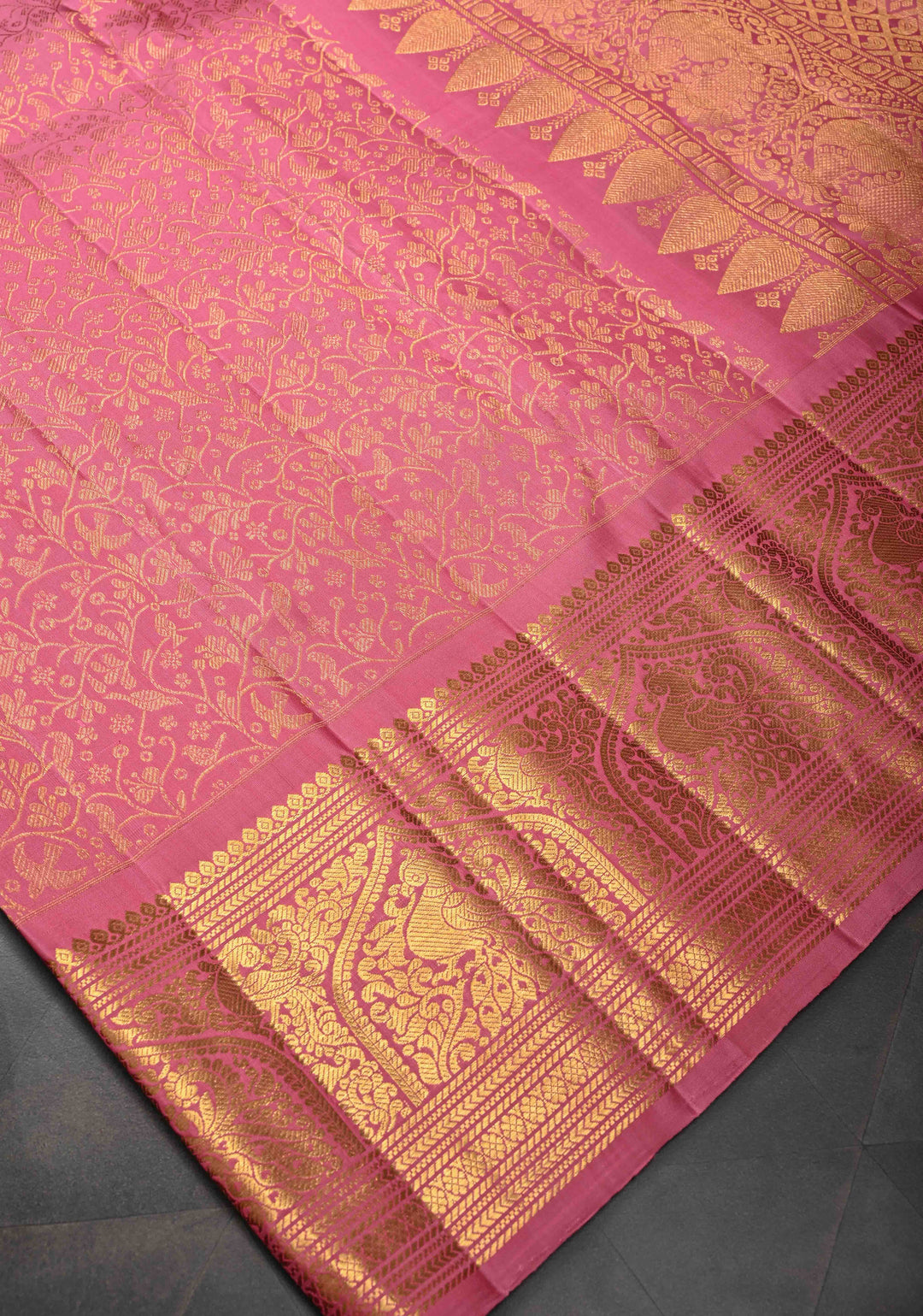 Rose Pink Gadwal Silk Saree with Floral Zari Brocade And Zari border | SILK MARK CERTIFIED
