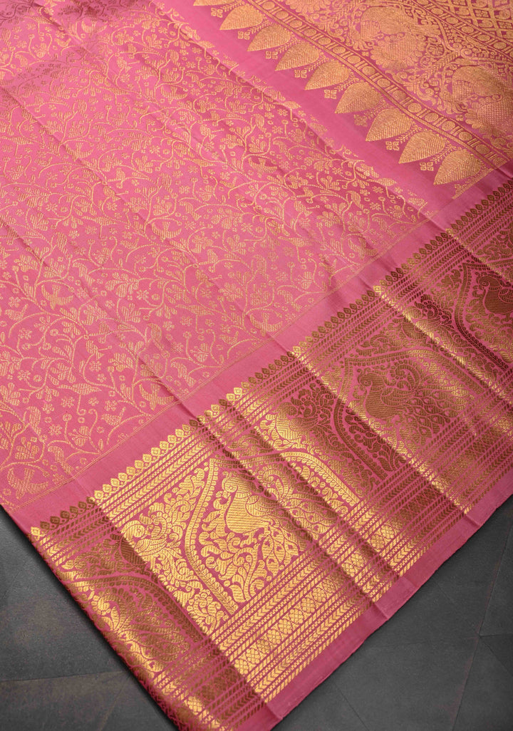 Rose Pink Gadwal Silk Saree with Floral Zari Brocade And Zari border | SILK MARK CERTIFIED