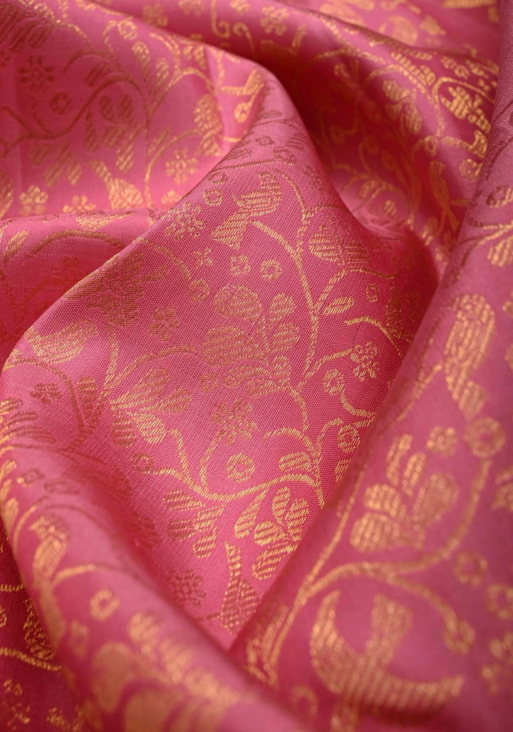 Rose Pink Gadwal Silk Saree with Floral Zari Brocade And Zari border | SILK MARK CERTIFIED