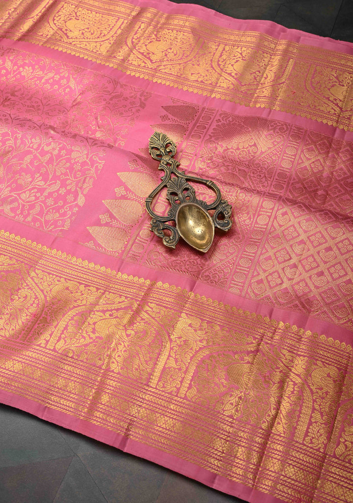 Rose Pink Gadwal Silk Saree with Floral Zari Brocade And Zari border | SILK MARK CERTIFIED