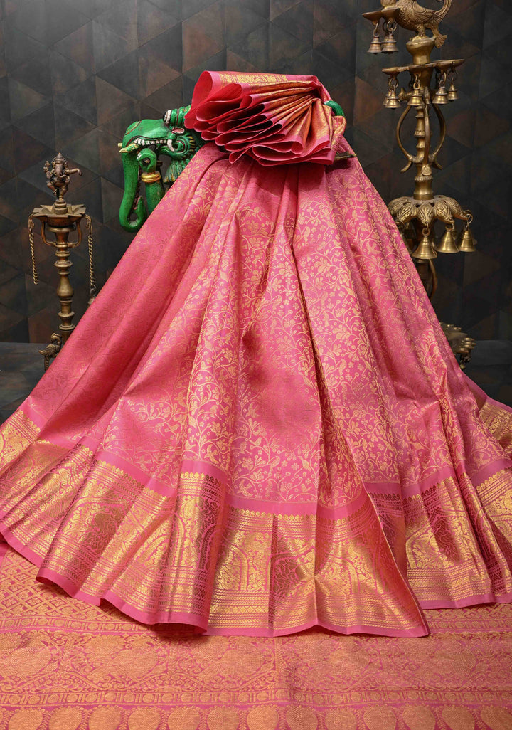 Rose Pink Gadwal Silk Saree with Floral Zari Brocade And Zari border | SILK MARK CERTIFIED