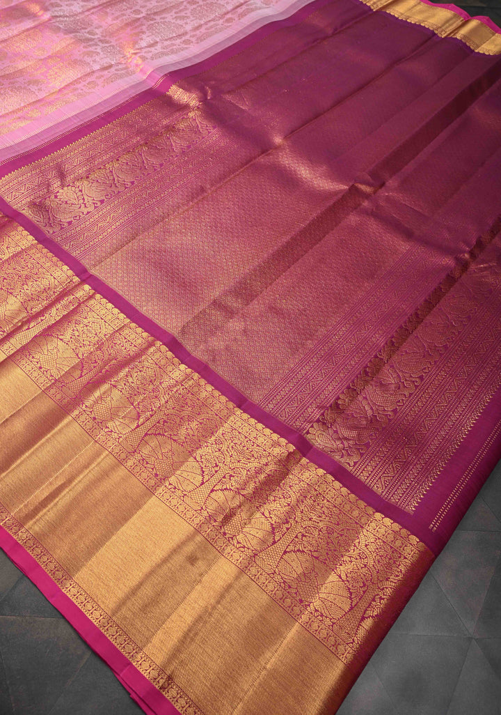 Rose Pink Gadwal Silk Saree with Zari Brocade and Peacock Wide Zari border | SILK MARK CERTIFIED