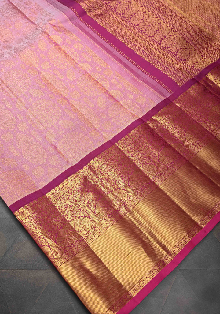 Rose Pink Gadwal Silk Saree with Zari Brocade and Peacock Wide Zari border | SILK MARK CERTIFIED
