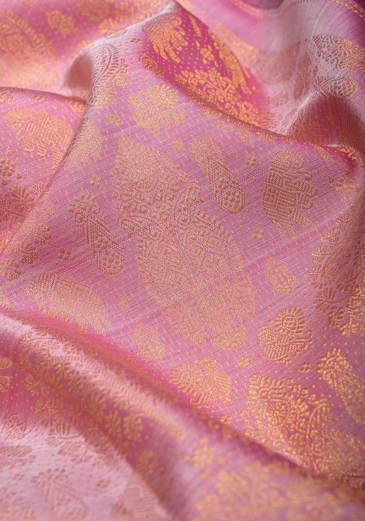 Rose Pink Gadwal Silk Saree with Zari Brocade and Peacock Wide Zari border | SILK MARK CERTIFIED