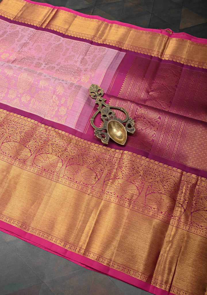 Rose Pink Gadwal Silk Saree with Zari Brocade and Peacock Wide Zari border | SILK MARK CERTIFIED