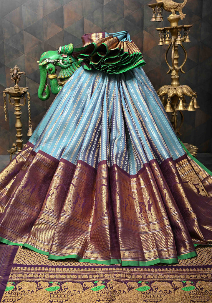 Pastel Blue Pure Gadwal Silk Saree with Ornate Zari Stripes and 13" Contrast Zari Border | SILK MARK CERTIFIED