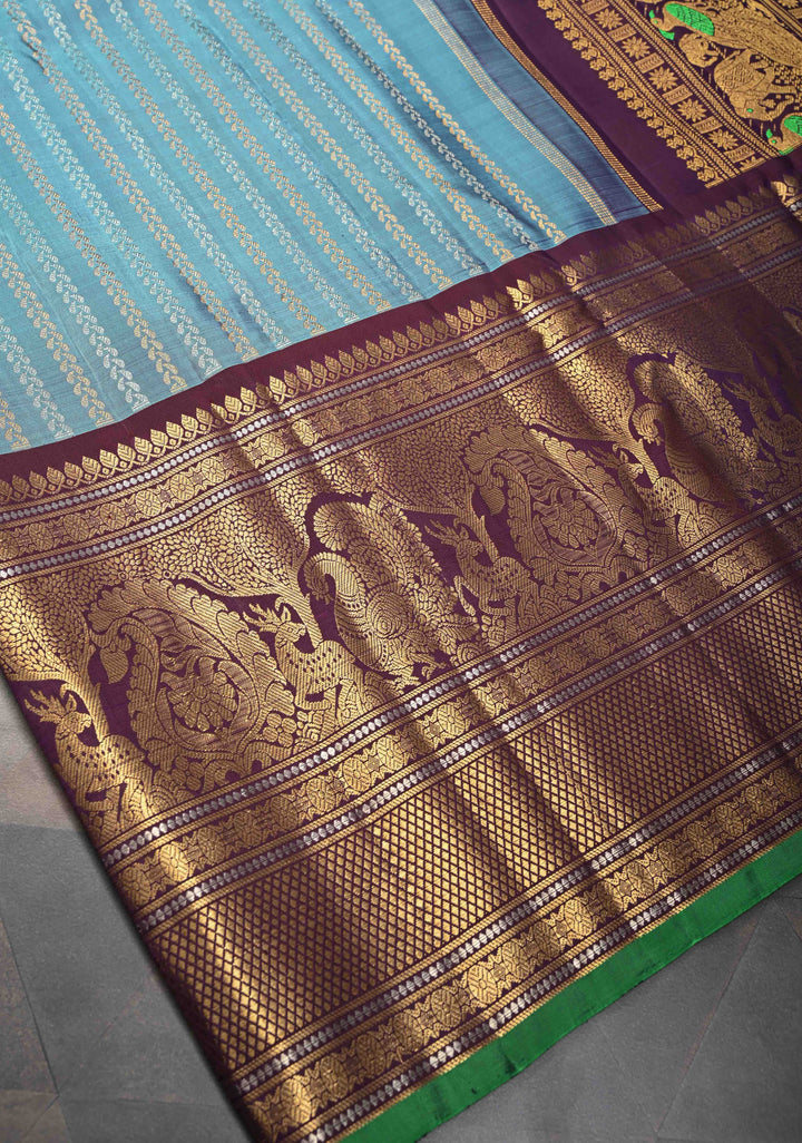 Pastel Blue Pure Gadwal Silk Saree with Ornate Zari Stripes and 13" Contrast Zari Border | SILK MARK CERTIFIED