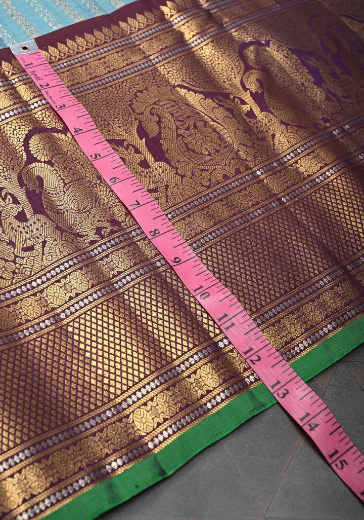 Pastel Blue Pure Gadwal Silk Saree with Ornate Zari Stripes and 13" Contrast Zari Border | SILK MARK CERTIFIED