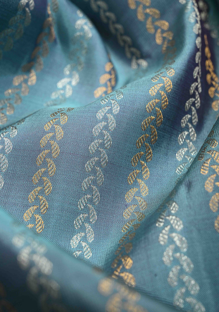 Pastel Blue Pure Gadwal Silk Saree with Ornate Zari Stripes and 13" Contrast Zari Border | SILK MARK CERTIFIED