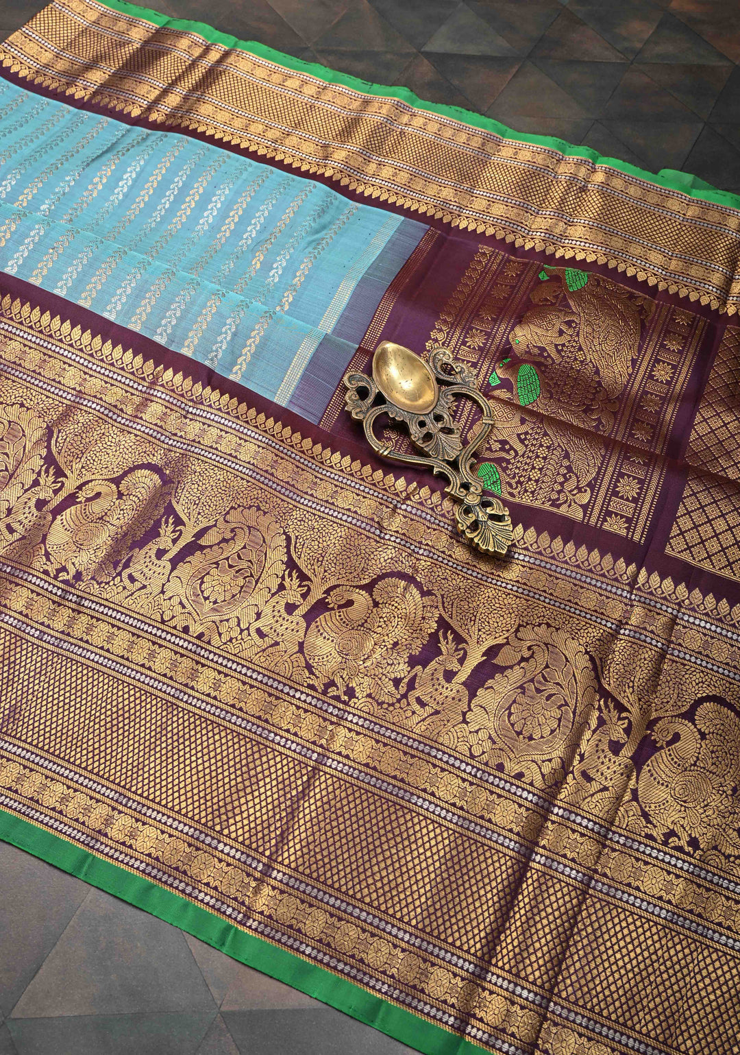 Pastel Blue Pure Gadwal Silk Saree with Ornate Zari Stripes and 13" Contrast Zari Border | SILK MARK CERTIFIED