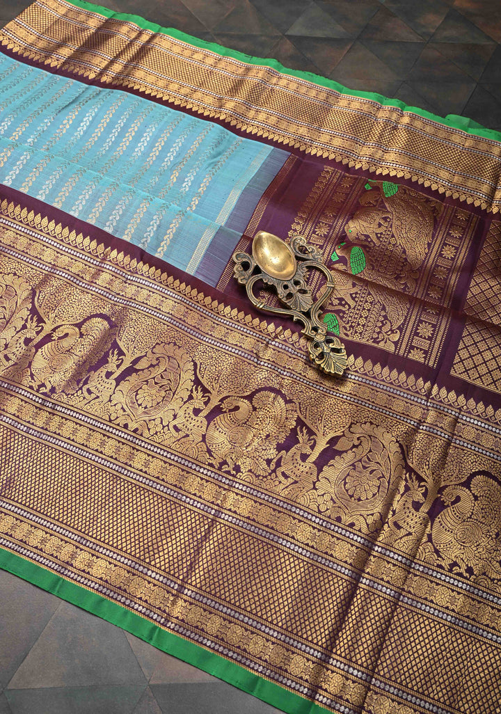 Pastel Blue Pure Gadwal Silk Saree with Ornate Zari Stripes and 13" Contrast Zari Border | SILK MARK CERTIFIED