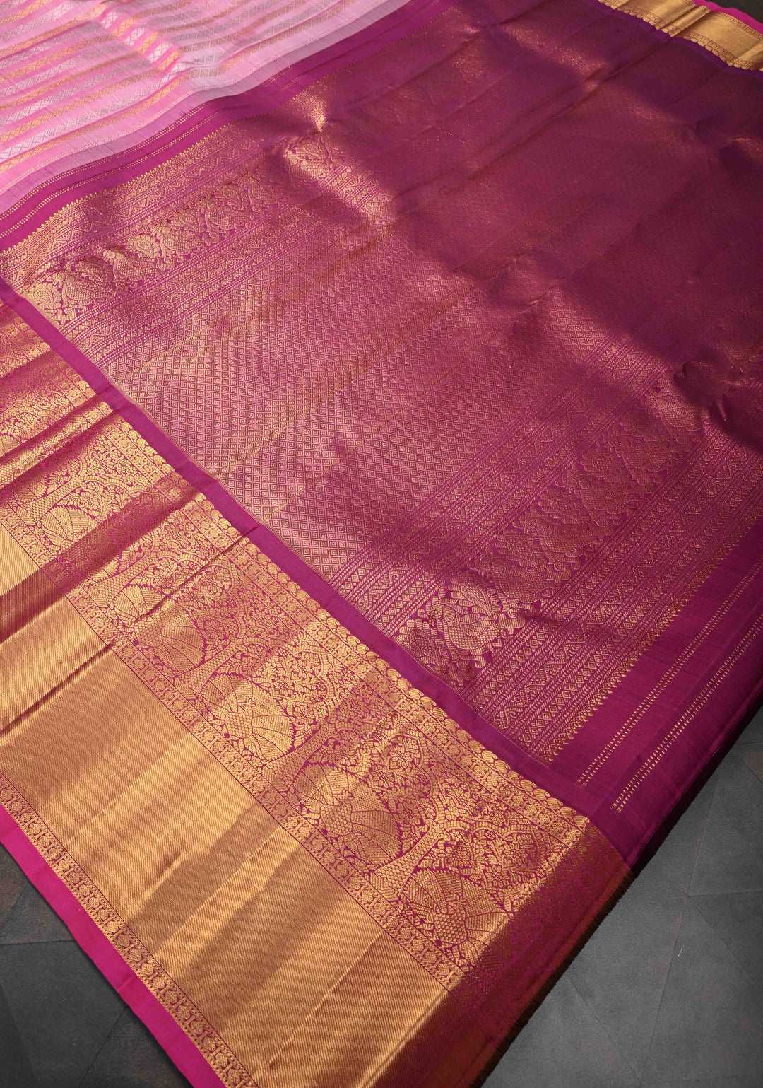 Pink Pure Gadwal Silk Saree with Gold & Silver Zari Stripes and Contrast Zari Border | SILK MARK CERTIFIED