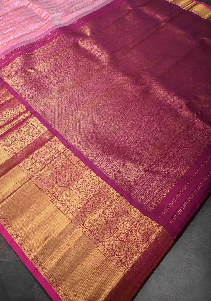 Pink Pure Gadwal Silk Saree with Gold & Silver Zari Stripes and Contrast Zari Border | SILK MARK CERTIFIED