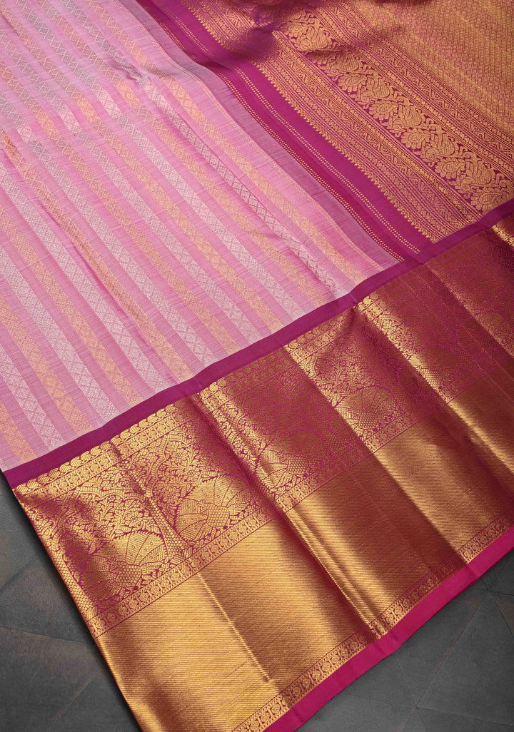 Pink Pure Gadwal Silk Saree with Gold & Silver Zari Stripes and Contrast Zari Border | SILK MARK CERTIFIED