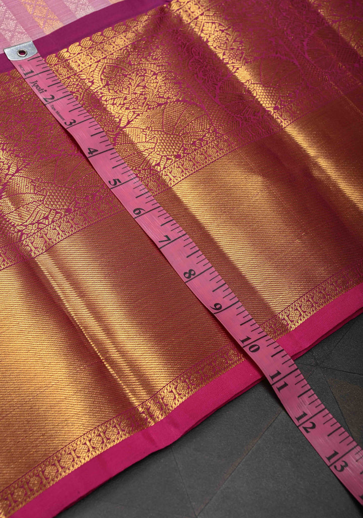 Pink Pure Gadwal Silk Saree with Gold & Silver Zari Stripes and Contrast Zari Border | SILK MARK CERTIFIED