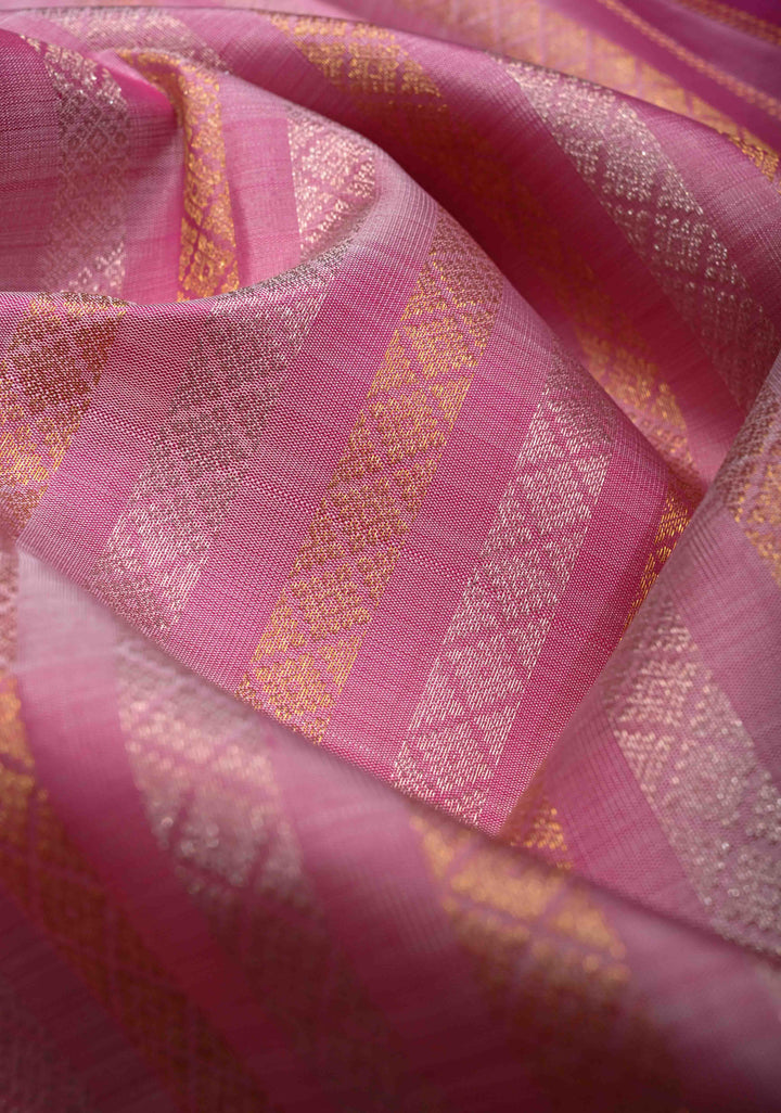 Pink Pure Gadwal Silk Saree with Gold & Silver Zari Stripes and Contrast Zari Border | SILK MARK CERTIFIED