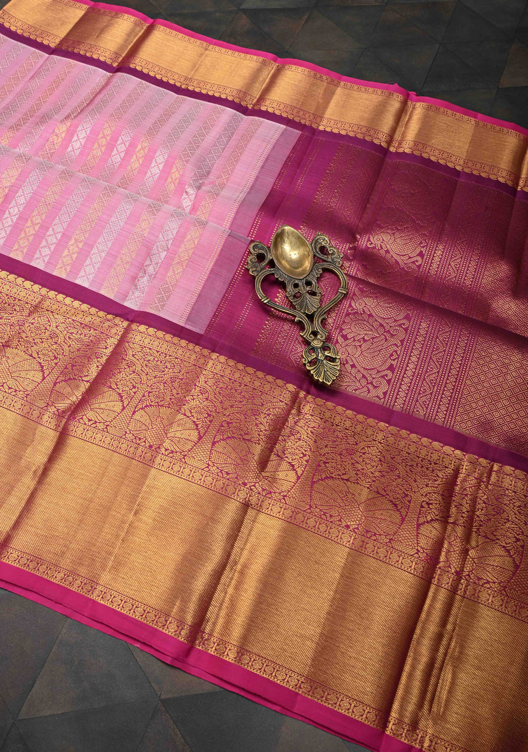 Pink Pure Gadwal Silk Saree with Gold & Silver Zari Stripes and Contrast Zari Border | SILK MARK CERTIFIED