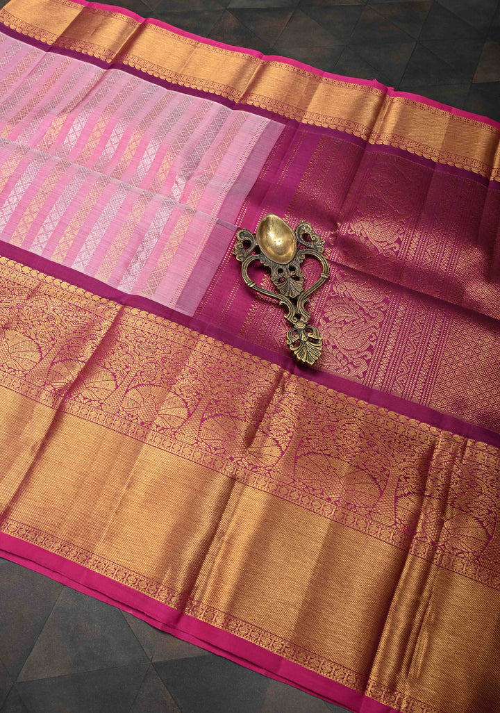Pink Pure Gadwal Silk Saree with Gold & Silver Zari Stripes and Contrast Zari Border | SILK MARK CERTIFIED