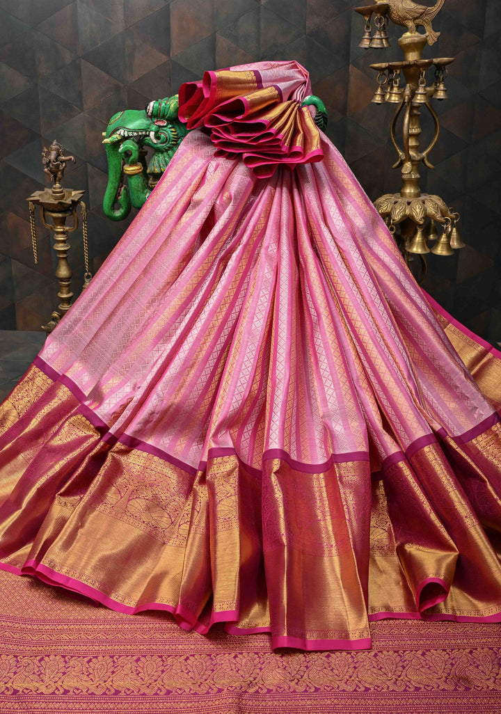 Pink Pure Gadwal Silk Saree with Gold & Silver Zari Stripes and Contrast Zari Border | SILK MARK CERTIFIED