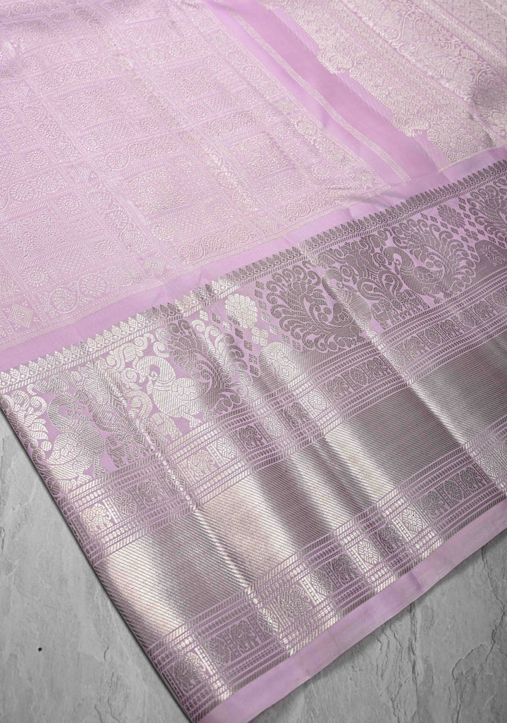 Soft Pink Shade Silver Zari Brocade Gadwal Silk Saree wiht Wide Zari border | SILK MARK CERTIFIED