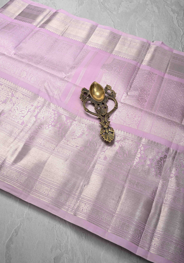 Soft Pink Shade Silver Zari Brocade Gadwal Silk Saree wiht Wide Zari border | SILK MARK CERTIFIED
