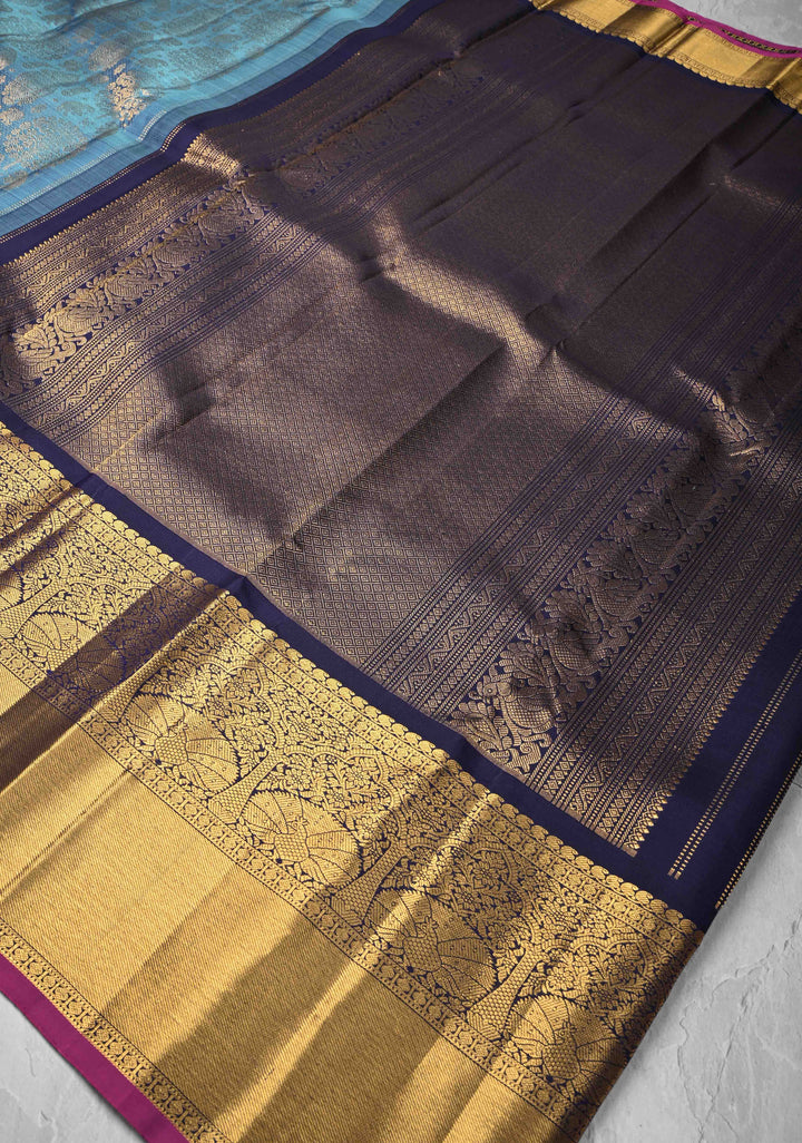 Blue Gadwal Silk Saree with Zari Brocade and Peacock Wide Zari border | SILK MARK CERTIFIED