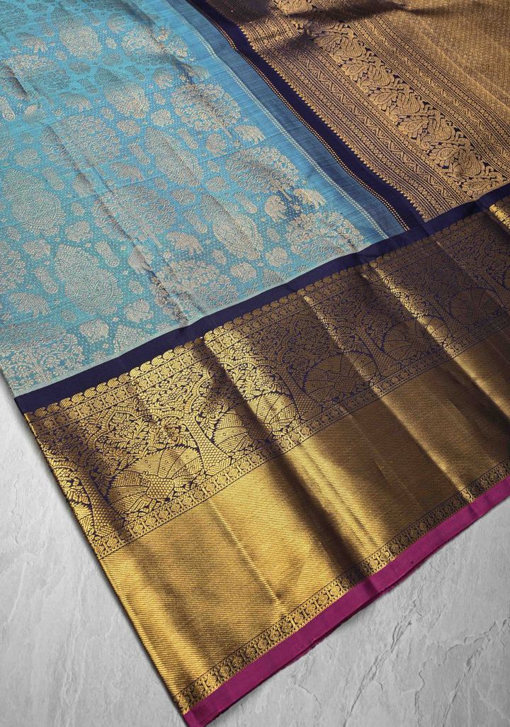 Blue Gadwal Silk Saree with Zari Brocade and Peacock Wide Zari border | SILK MARK CERTIFIED