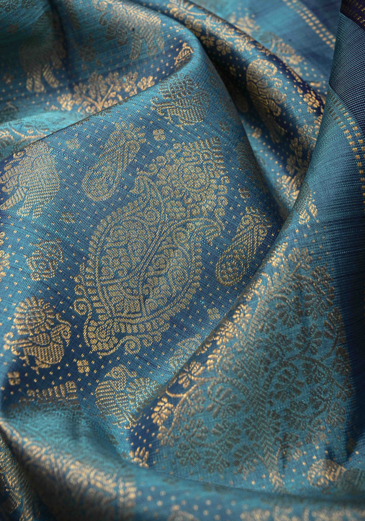 Blue Gadwal Silk Saree with Zari Brocade and Peacock Wide Zari border | SILK MARK CERTIFIED