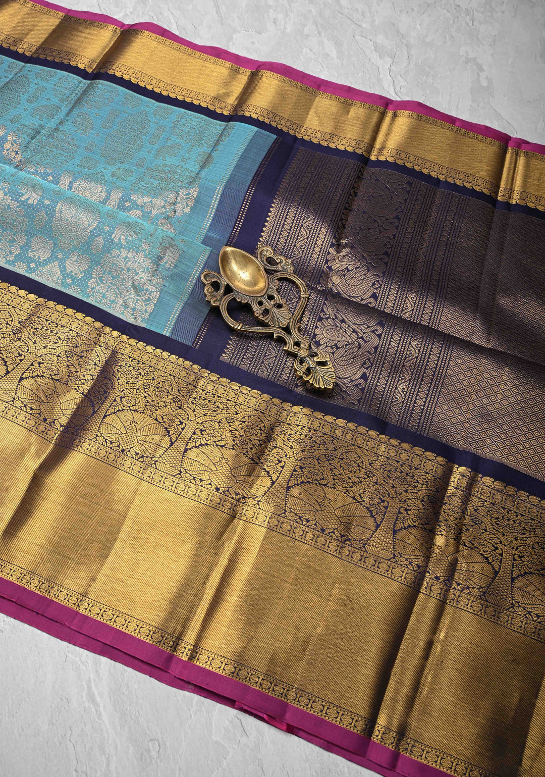 Blue Gadwal Silk Saree with Zari Brocade and Peacock Wide Zari border | SILK MARK CERTIFIED