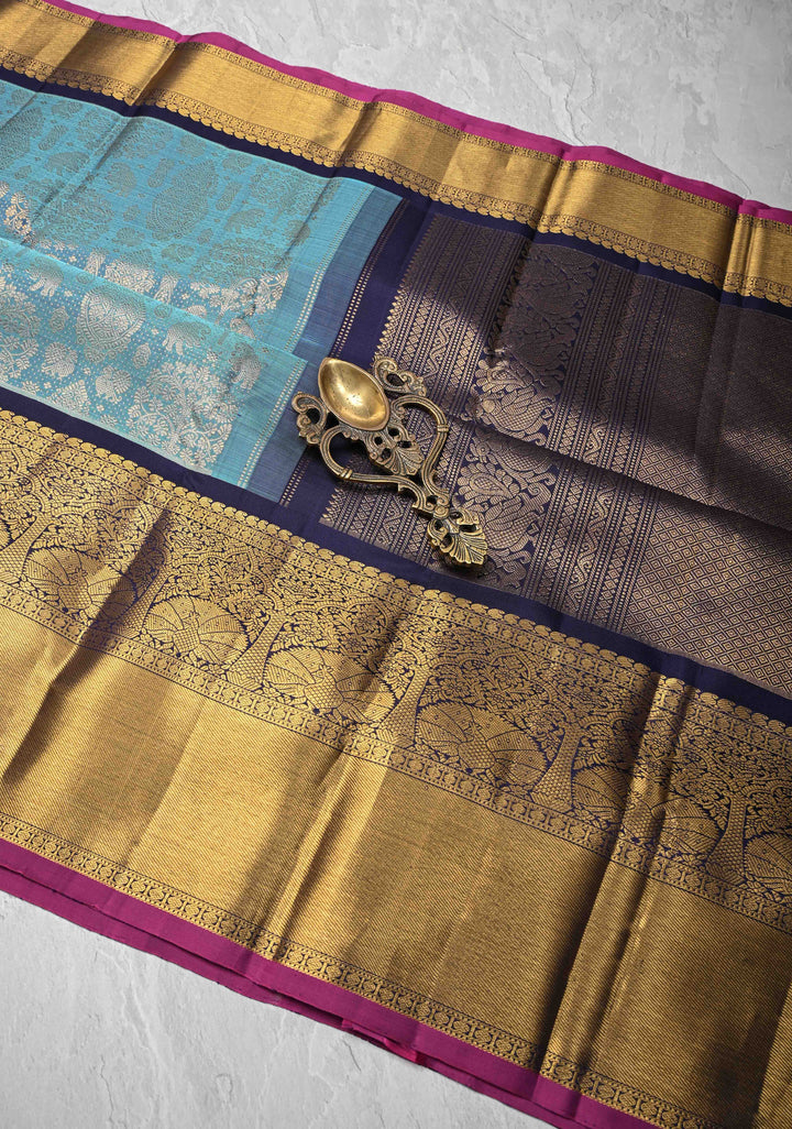 Blue Gadwal Silk Saree with Zari Brocade and Peacock Wide Zari border | SILK MARK CERTIFIED